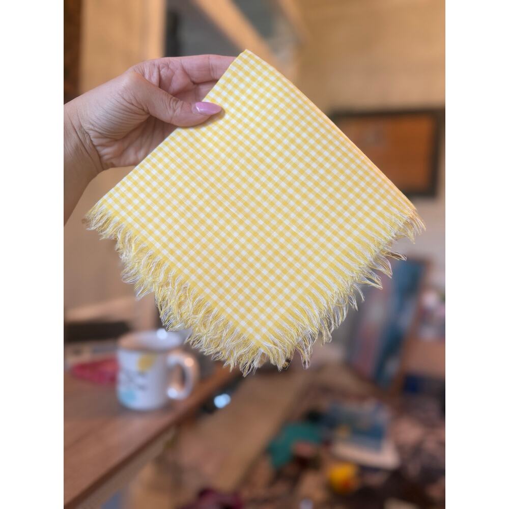 Set of 5 Vintage Yellow Gingham Napkins with Fringe – 15x15”